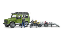 BRUDER 2589 Land Rover Defender, prepravník, figúrka, motocykel