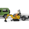 BRUDER 2593 Auto LAND DEFENDER s prívesom a JCB mikrobagrom