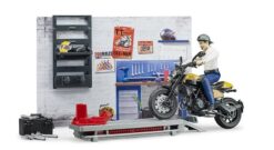 BRUDER 62102 Motodílna s figurkou mechanika a motorkou Ducati Scrambler